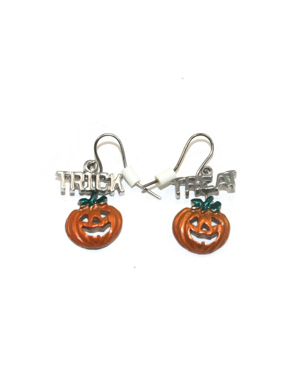 VTG Silver Tone & Orange Trick or Treat & Jack o Lantern Halloween Earrings.